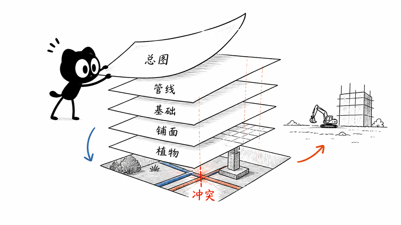总图管线基础铺面植物叠图发现冲突手绘图