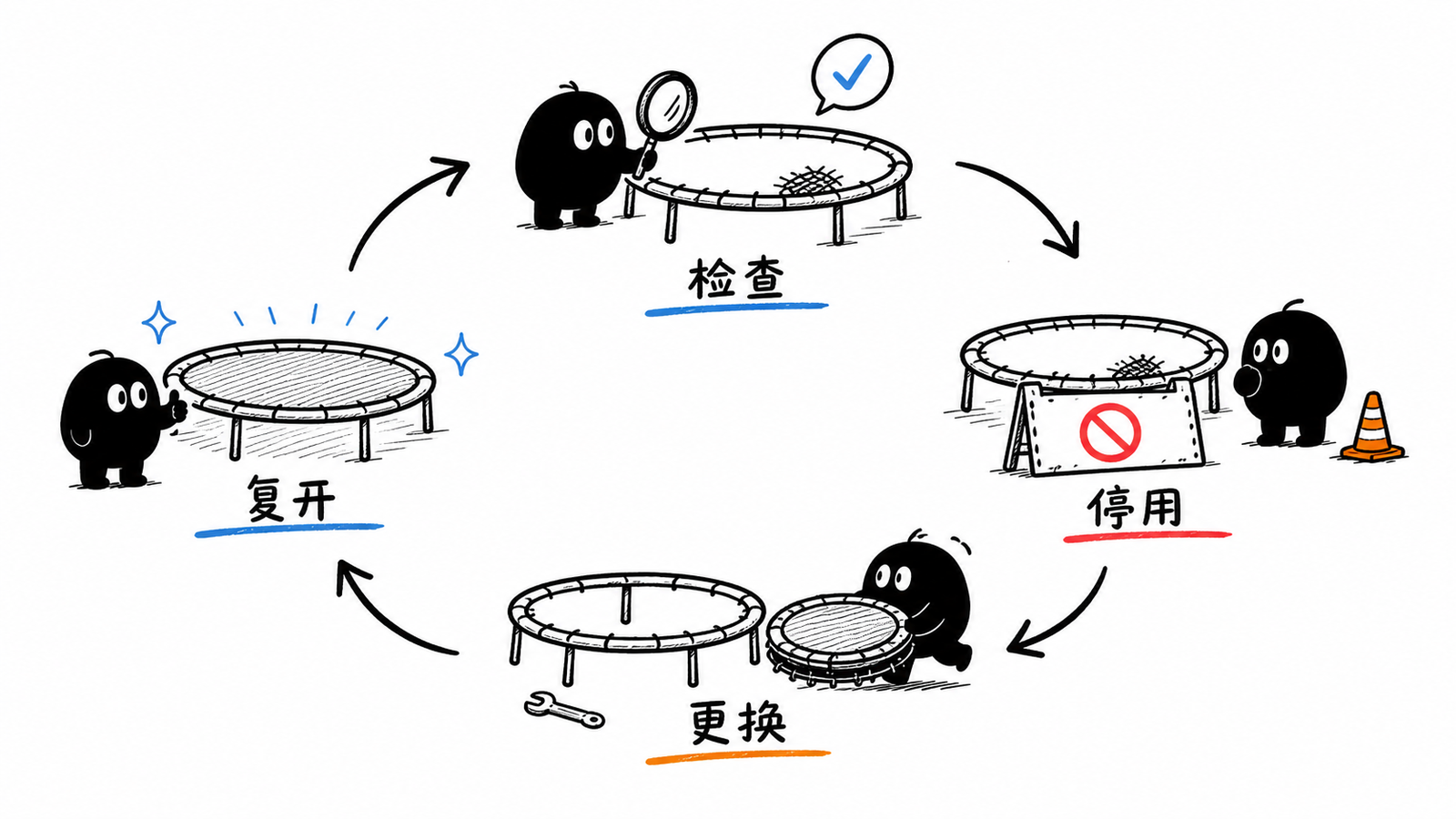 小黑按检查停用更换复开流程管理蹦床备件