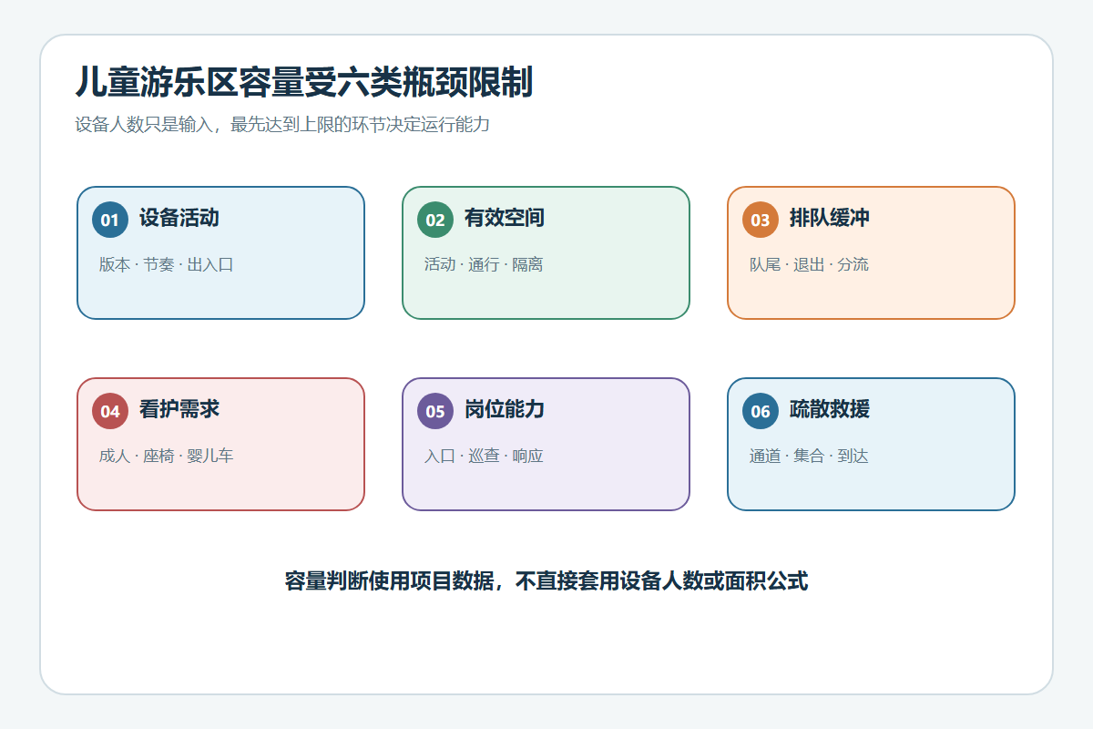 儿童游乐区设备、空间、排队、看护、岗位和应急六类容量瓶颈图