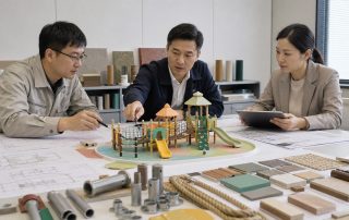 项目技术团队核对小型游乐设施图纸材料与证据