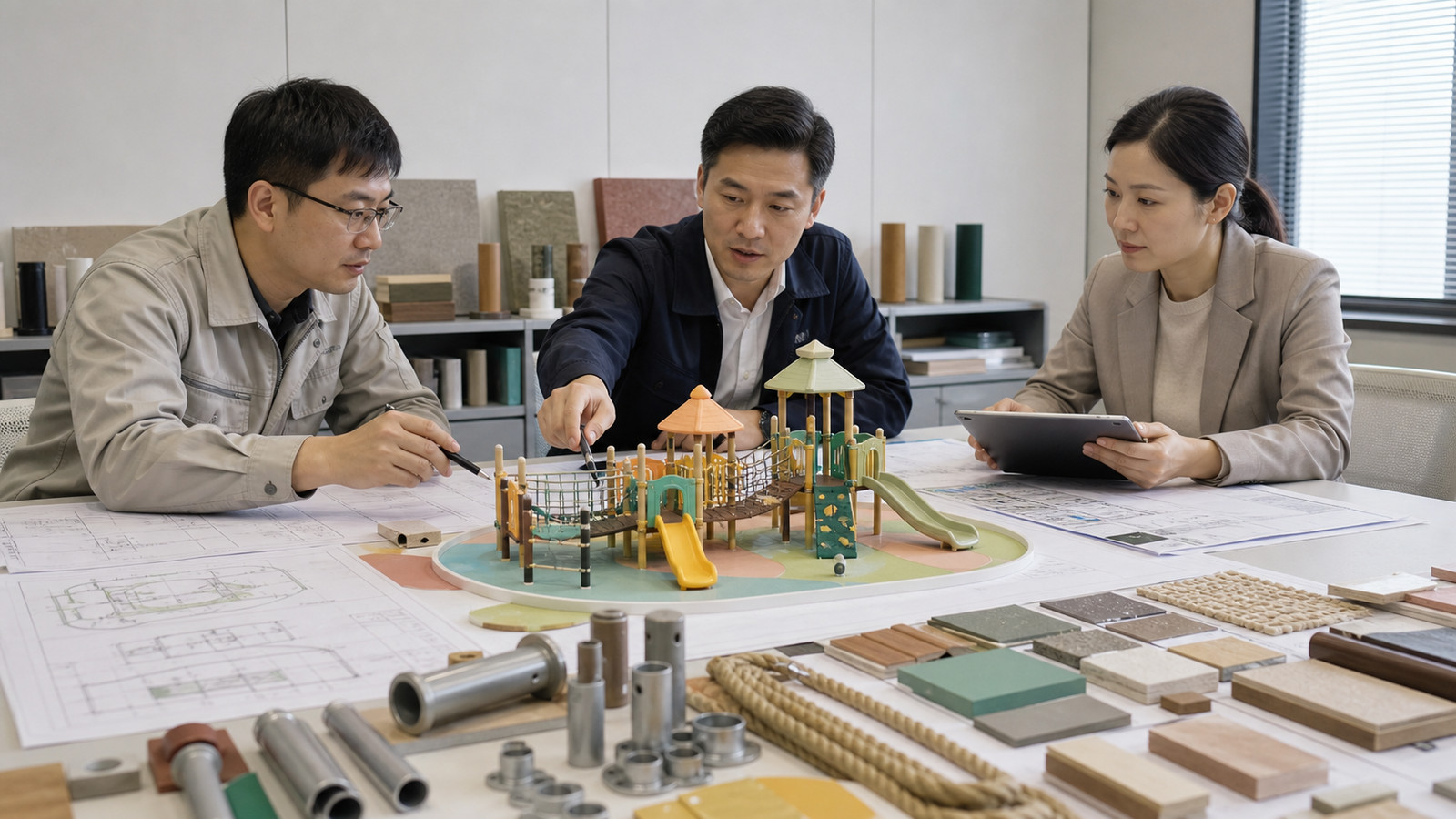 项目技术团队核对小型游乐设施图纸材料与证据 项目技术团队核对小型游乐设施图纸材料与证据