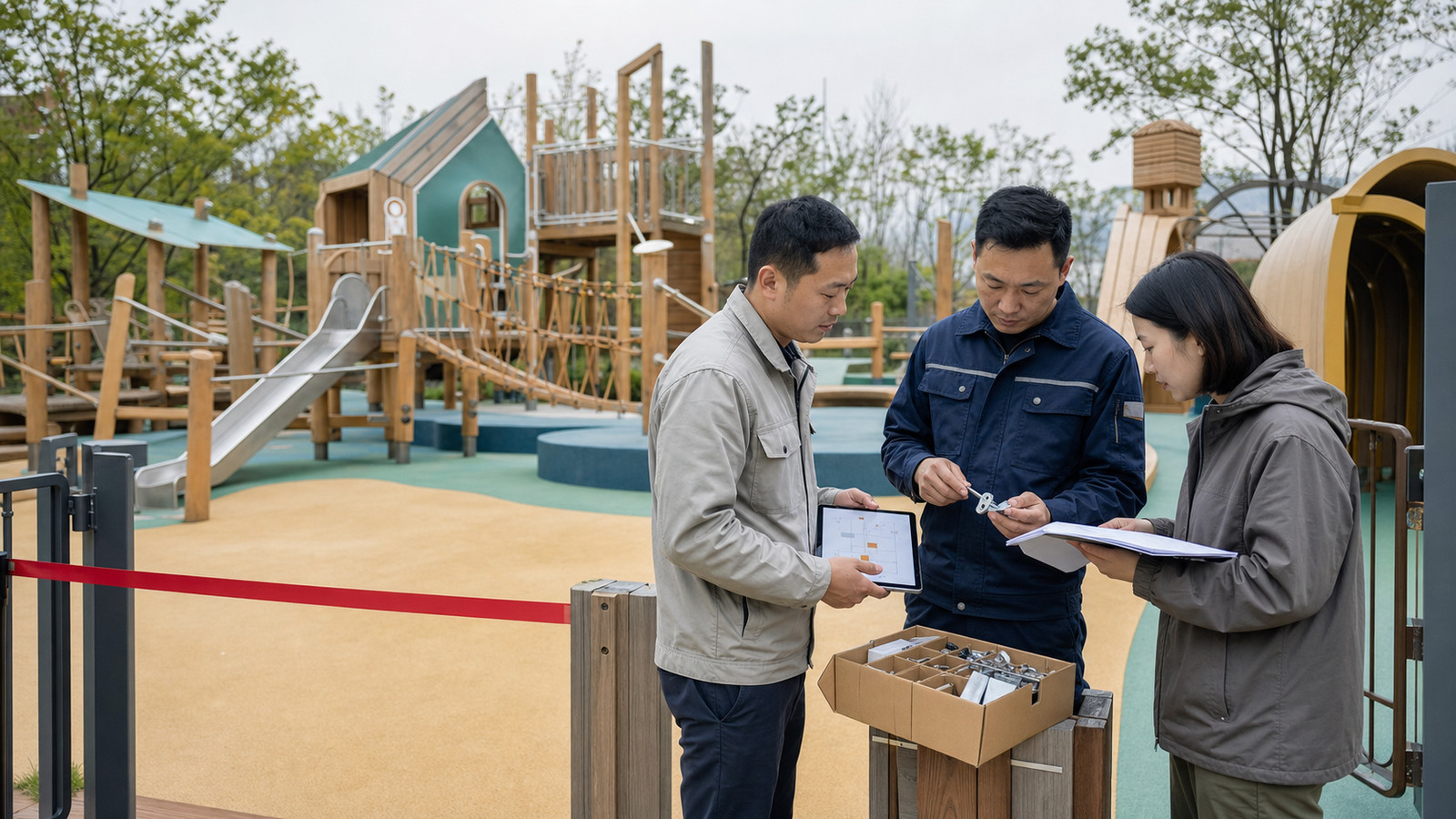 运营团队在儿童游乐场开园前核对设备与交接资料