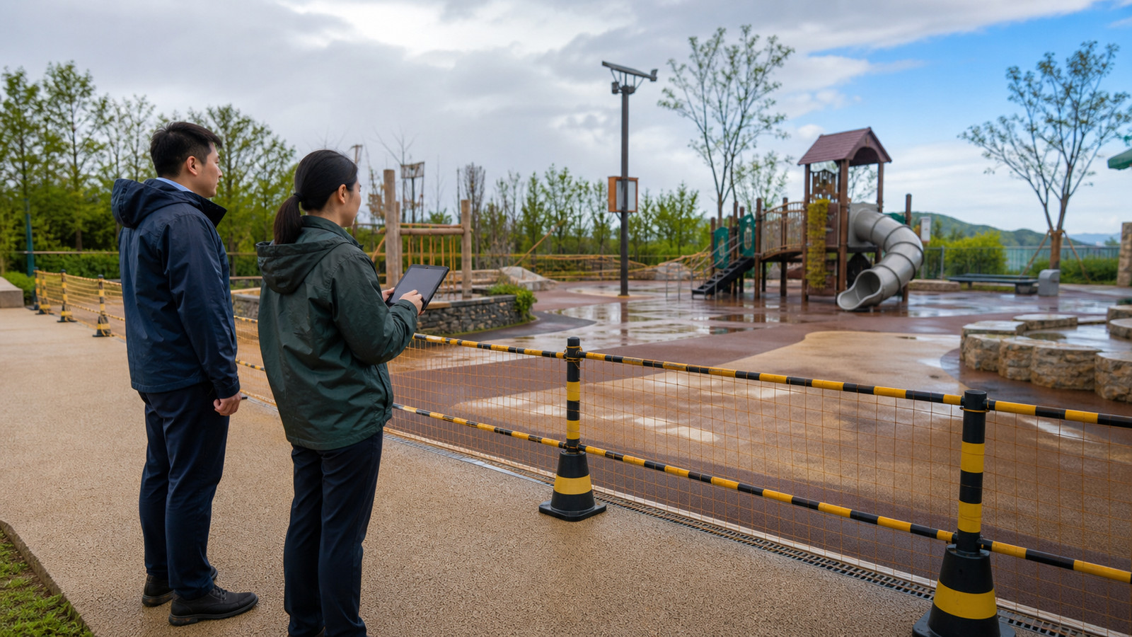 雨后游乐区域保持隔离并由运营人员核对检查记录