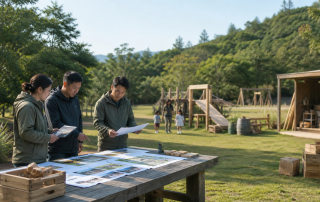 景区运营团队在自然型亲子场地核对全年活动、空间和移动道具