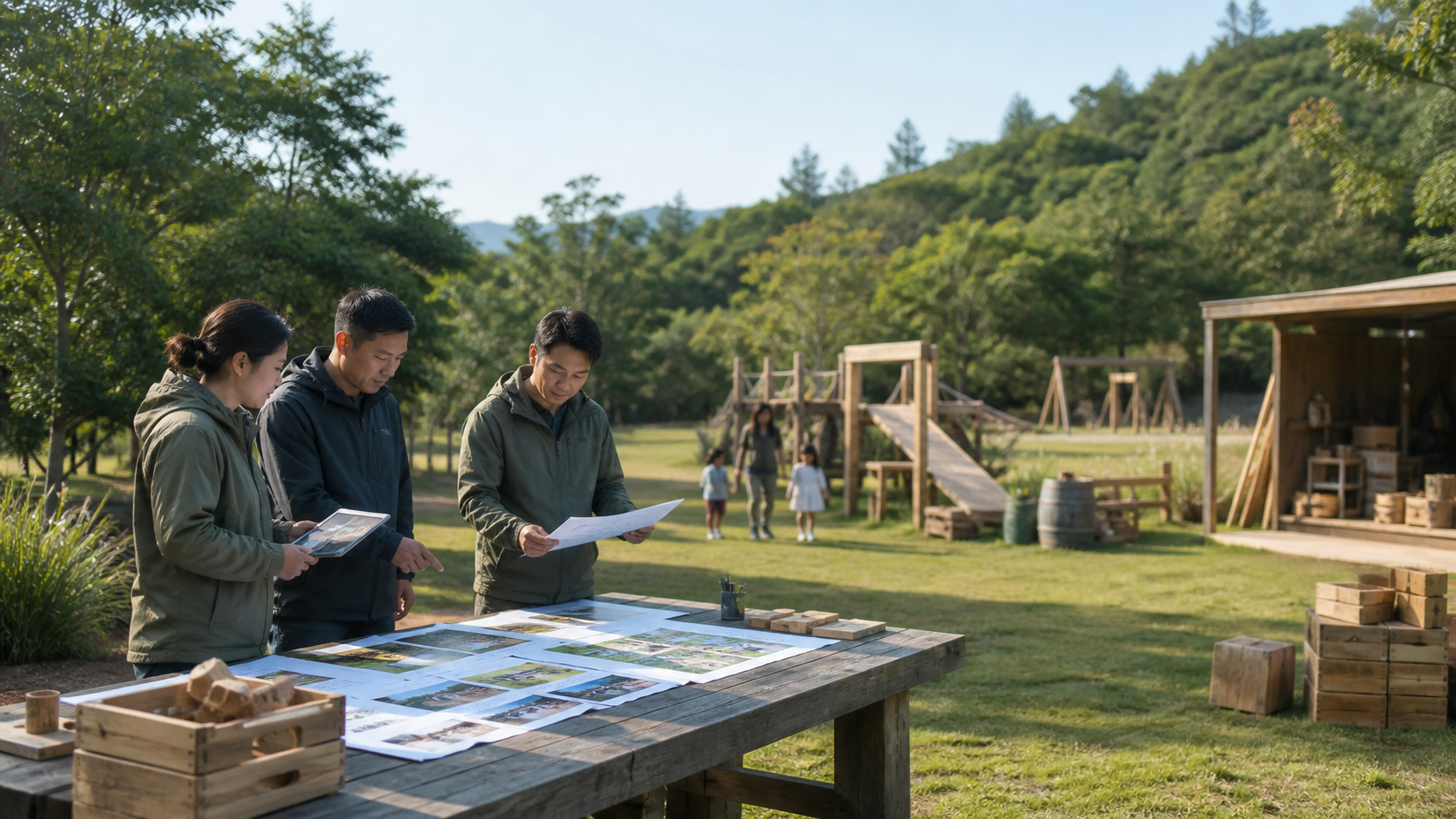 景区运营团队在自然型亲子场地核对全年活动、空间和移动道具