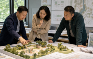 建设、设计和运营人员围绕儿童友好公园模型核对空间服务与运维资料