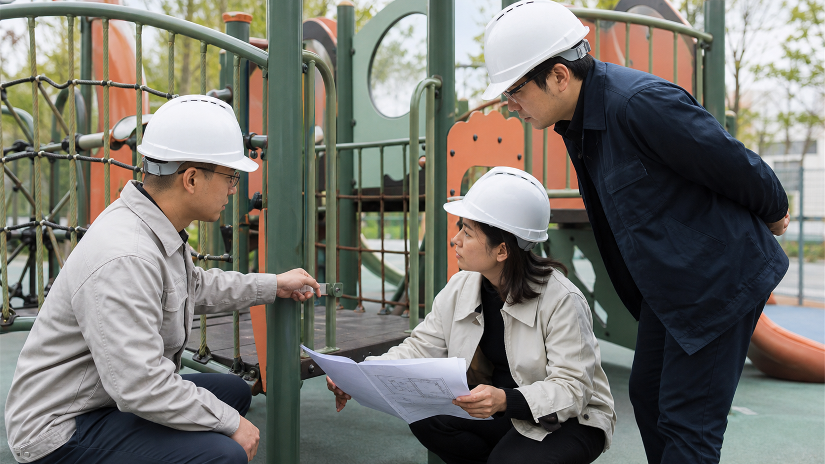 采购、监理和技术人员在户外组合游乐设施旁核对图纸并检查构件间隙