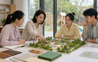 园长教师采购和设计人员围绕幼儿园户外场地模型讨论活动需求与设备采购