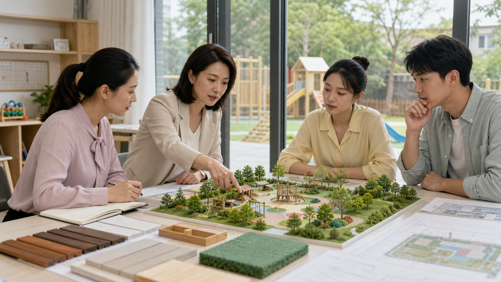 园长教师采购和设计人员围绕幼儿园户外场地模型讨论活动需求与设备采购