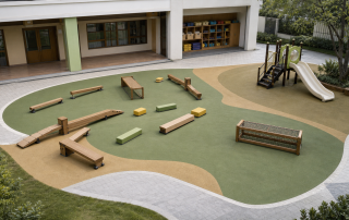 幼儿园户外跑酷区可移动器材与固定设施分区关系