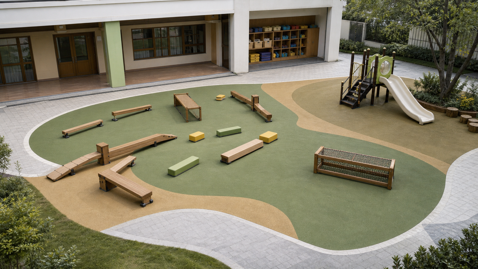 幼儿园户外跑酷区可移动器材与固定设施分区关系