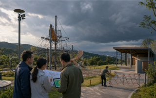 雷雨将至的山地公园游乐区,运营人员关闭入口并引导游客前往避险建筑