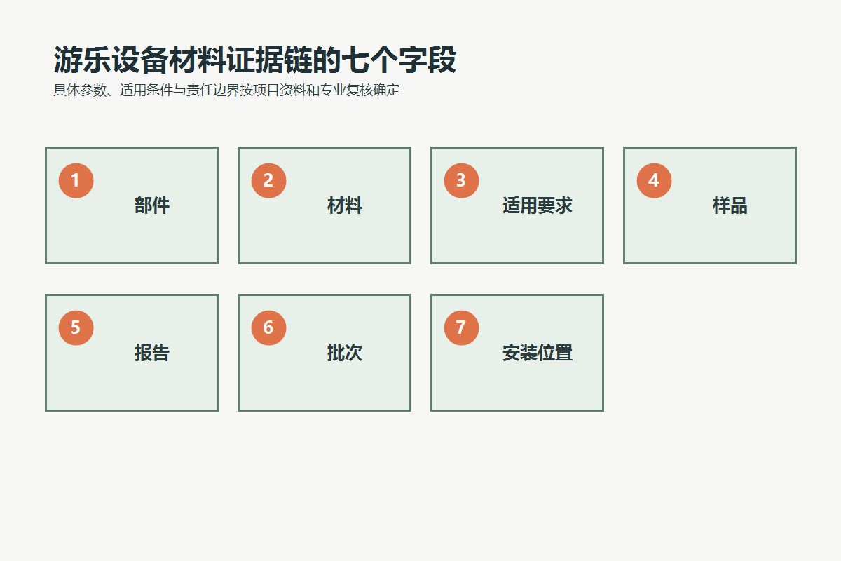 游乐设备材料证据链的部件、材料、适用要求、样品、报告、批次和安装位置七个字段