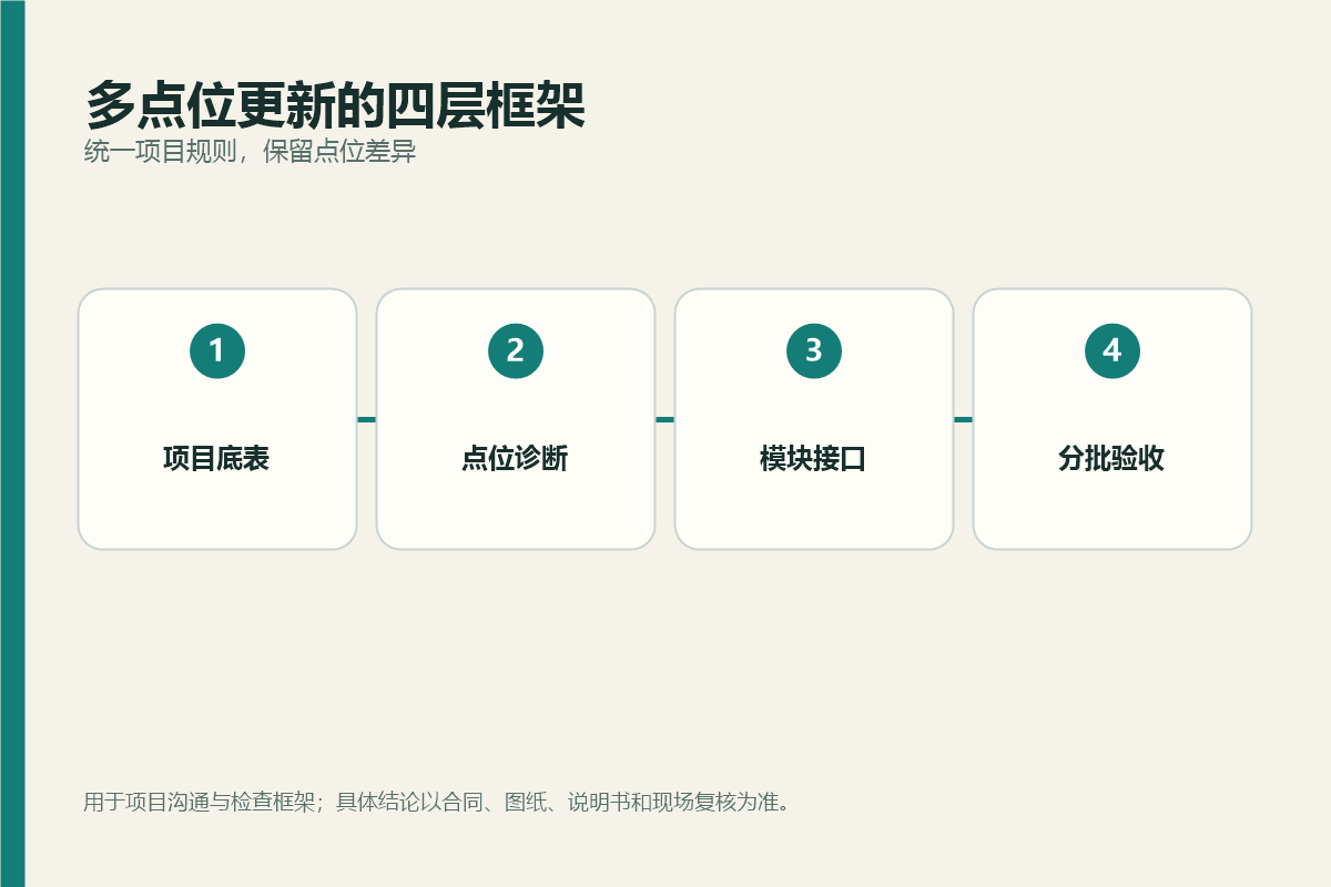 多点位公园儿童游乐设施更新的项目底表、点位诊断、模块接口和分批验收四层框架