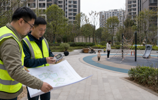 规划人员在社区儿童游乐区核对场地关系、使用时段和声环境信息