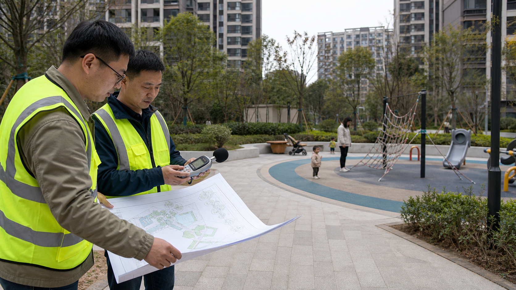 规划人员在社区儿童游乐区核对场地关系、使用时段和声环境信息