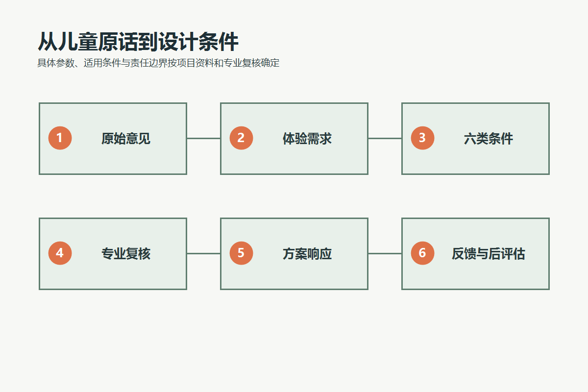 从儿童原始意见到体验需求、设计条件、专业复核和方案反馈的转译链