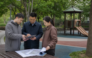 公园管理方与运营团队在儿童游乐区旁核对资产清单和场地资料