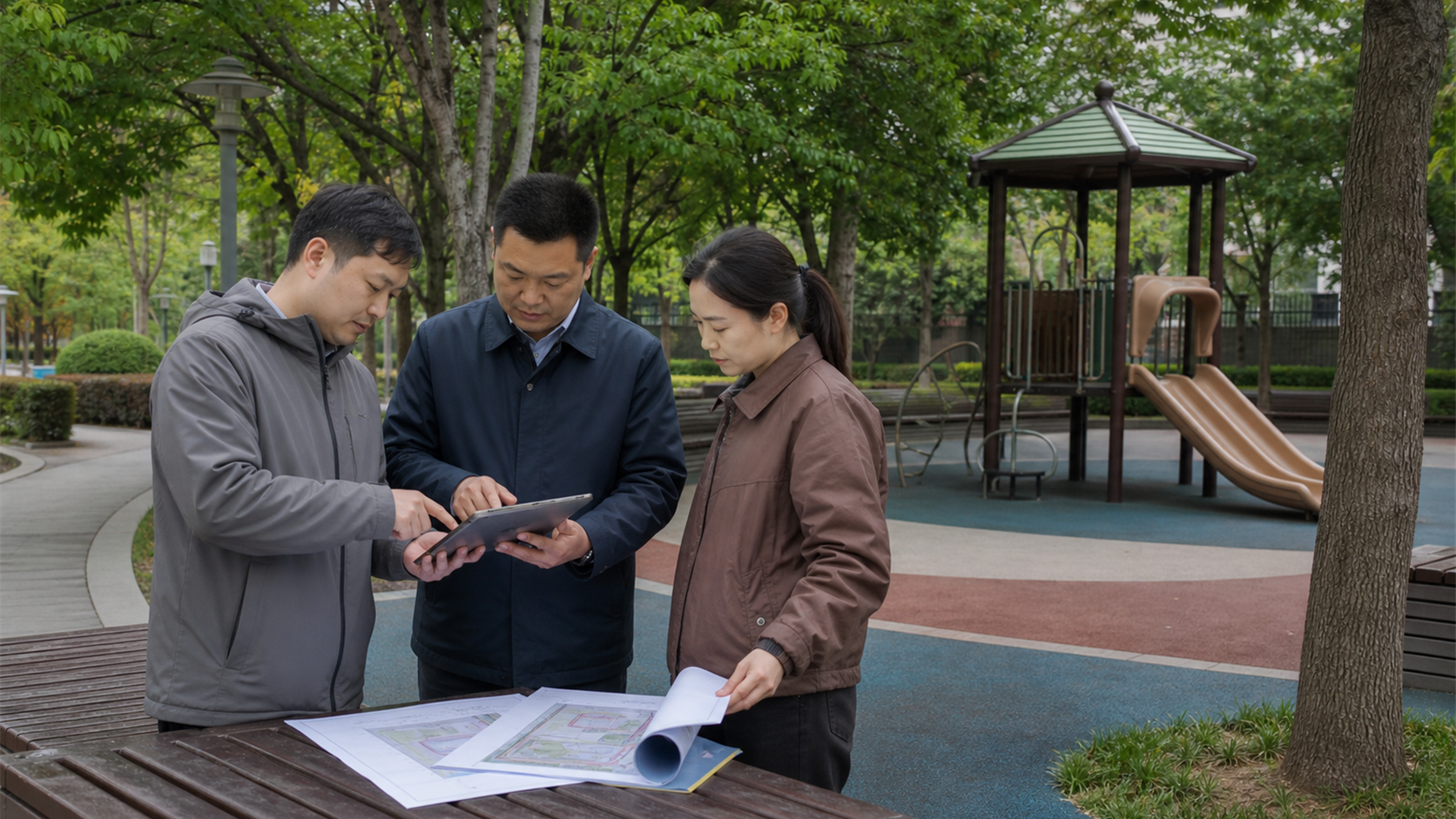 公园管理方与运营团队在儿童游乐区旁核对资产清单和场地资料