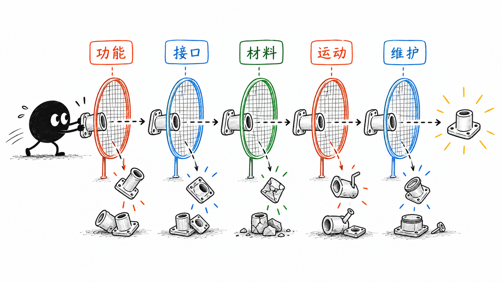 小黑用五个筛网过滤外形相似的替代件