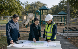 公园改造团队在旧游乐设施退场现场核对拆除、地下基础和场地恢复清单