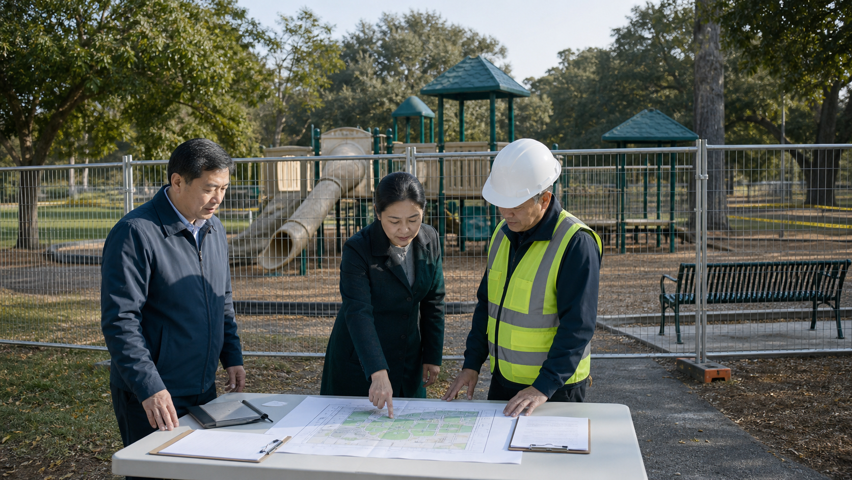 公园改造团队在旧游乐设施退场现场核对拆除、地下基础和场地恢复清单