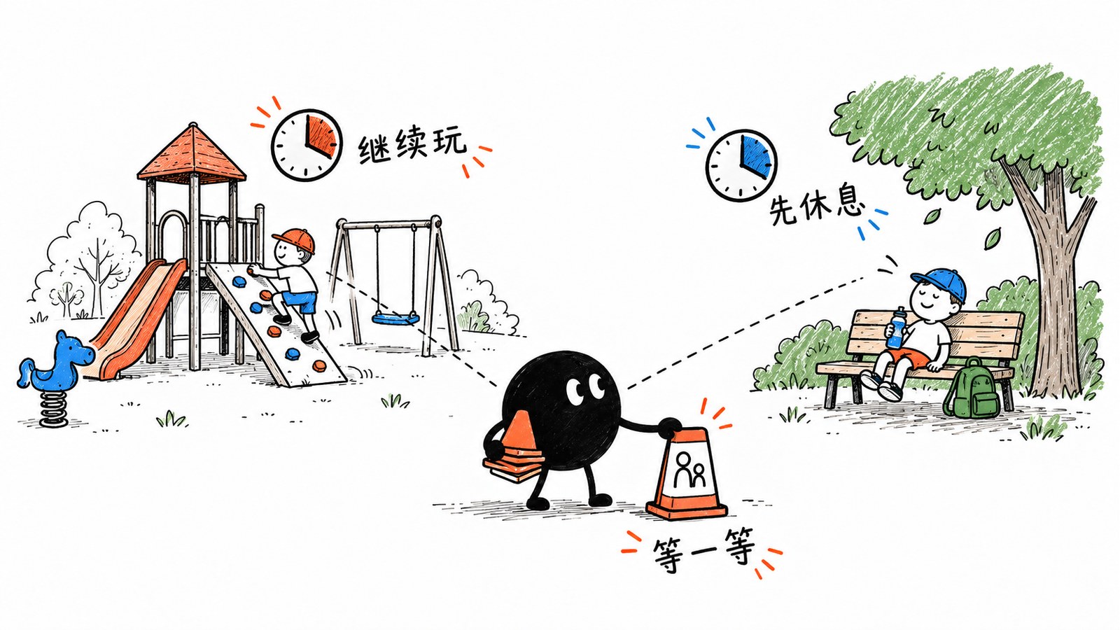 小黑在两只不同大小的钟之间留一张等待长椅