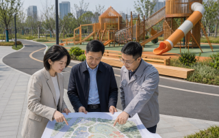 景观设计、公园管理和工程人员在儿童游乐区旁核对主园路与出入口总图