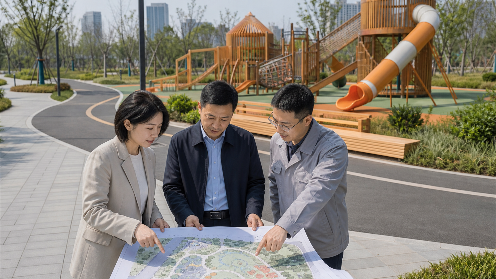 景观设计、公园管理和工程人员在儿童游乐区旁核对主园路与出入口总图