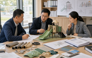 采购团队对照儿童滑梯模型、图纸和材料样本进行选型