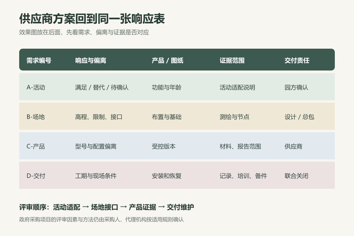 幼儿园户外游乐设备供应商响应与证据核对矩阵