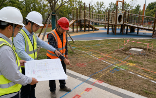 工程人员在儿童游乐设施基础施工前核对地下管线叠图和地面测量标记