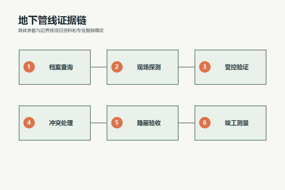 从地下管线档案、现场探测、受控验证到隐蔽验收和竣工测量的证据链