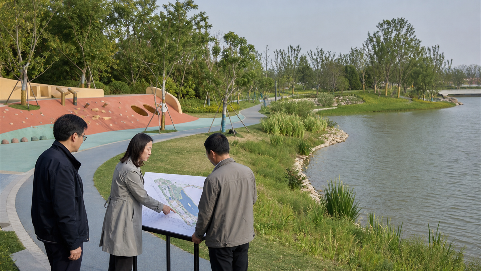 景观设计和公园管理团队在临水儿童活动区现场核对岸线、设备和步道总图